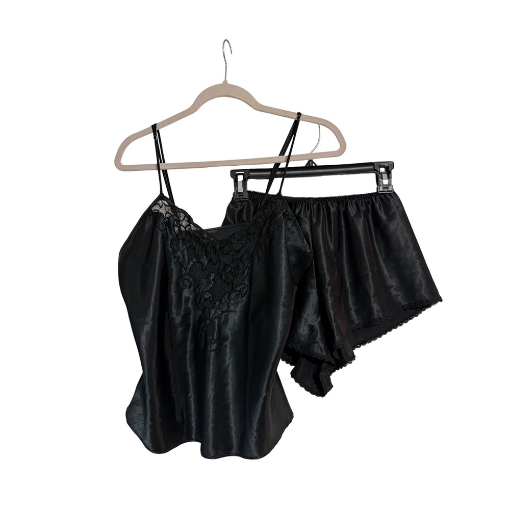 Natori Pajama Set Vintage Black Lace Trim Satin Cami and Shorts Medium